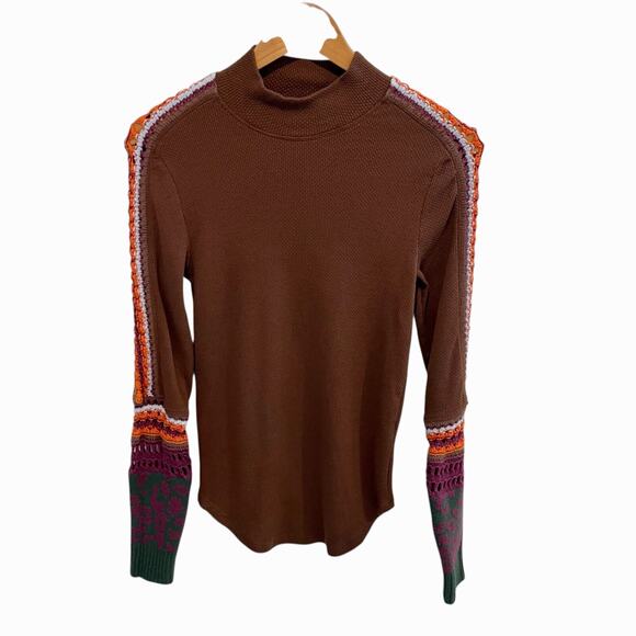 Free People Switch It Up Cuff Knit Thermal Top Cocoa Brown Boho Medium Mock Neck - Picture 1 of 7